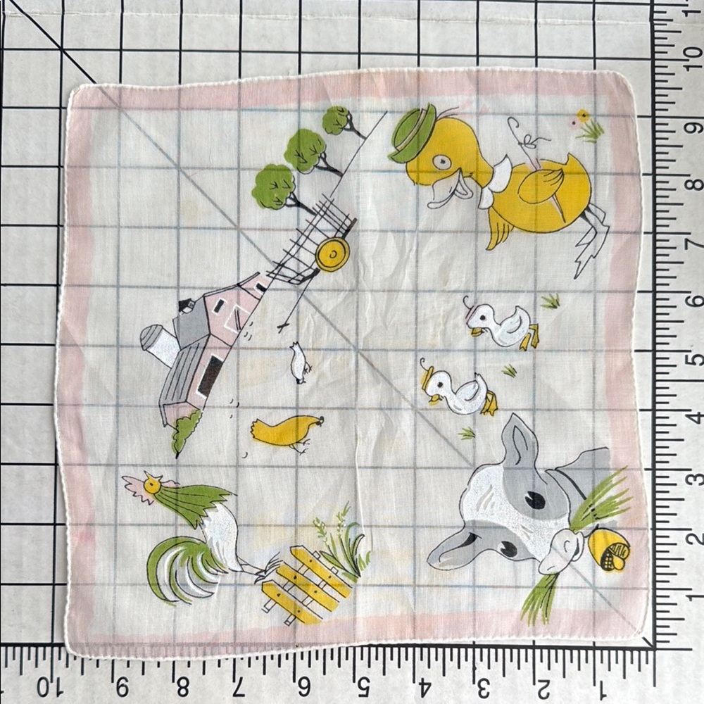 Vintage 1950s Children’s Farm Animal Hankie – Cartoon Duck Cow Rooster
